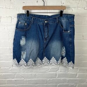 Shein Womens Distressed Skirt Lace Trim Ripped Slant Pockets Denim Blue Size 3XL
